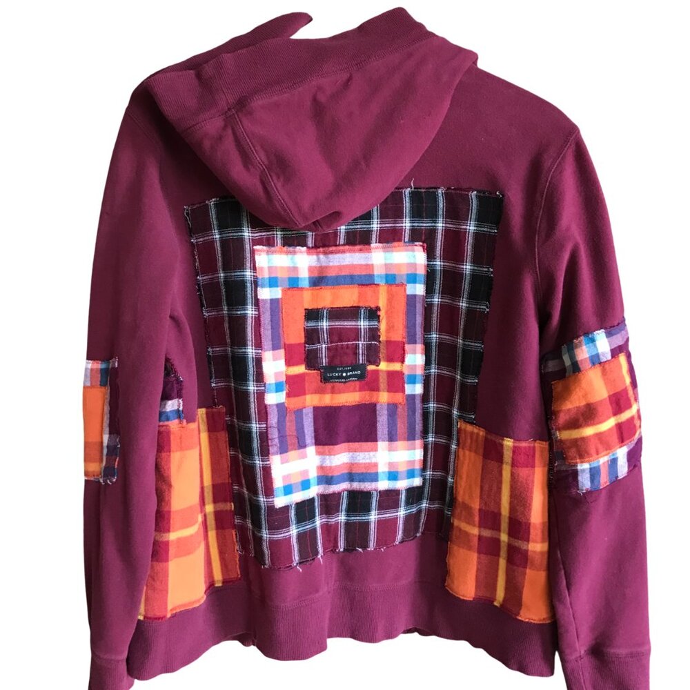 Upcycled Patchwork Hoodie, Magenta Boho Snap Front Jacket Campus Grunge Size M